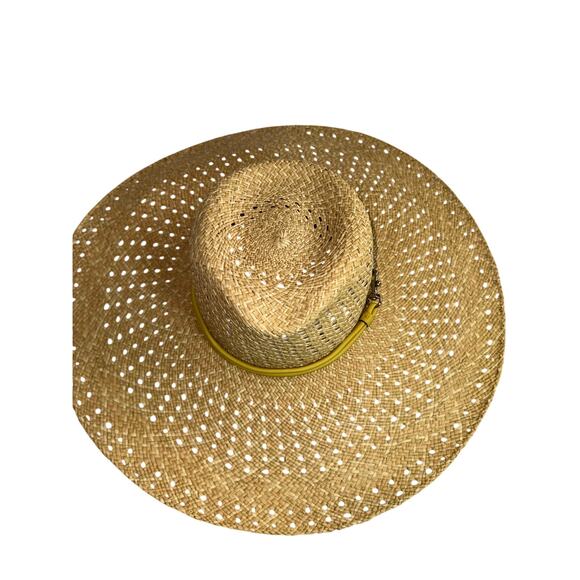 Coach Natural Straw Wide Brim Floppy Sun Hat Yellow Leather Trim One Size NWT main image 8